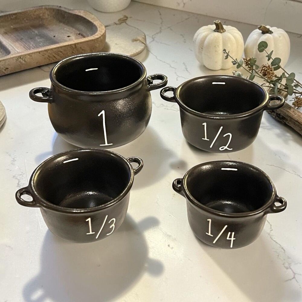 Rae Dunn Ceramic Halloween Witchy Black Cauldron Measuring Cups 4pc. NEW